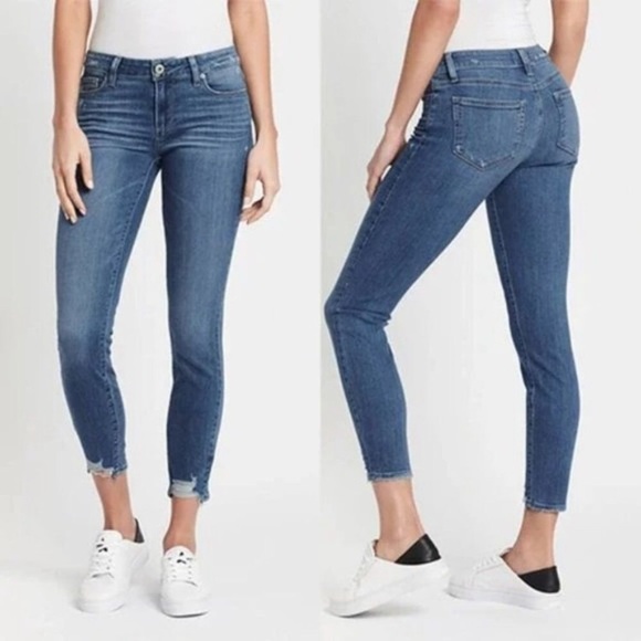 NEW PAIGE VERDUGO ANKLE MID-RISE MEDIUM DARK WASH DISTRESSED RAW HEM JEAN - Picture 2 of 10